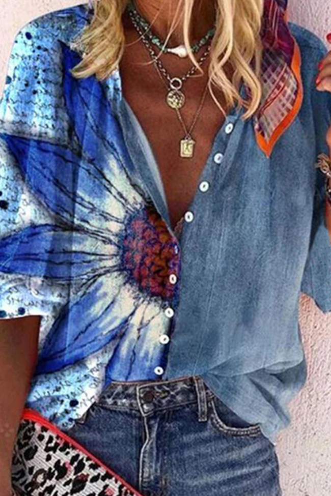 Elegant Print Buckle Shirt Collar Tops