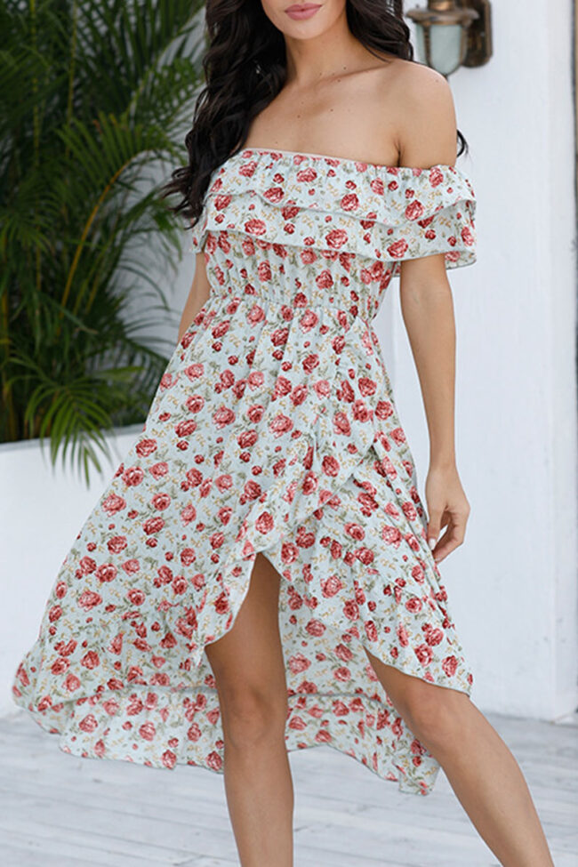 Bohemian Print Split Joint Off the Shoulder Irregular Dresses