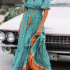 Fashion Bohemian Print Split Joint V Neck A Line Dresses