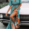 Fashion Bohemian Print Split Joint V Neck A Line Dresses