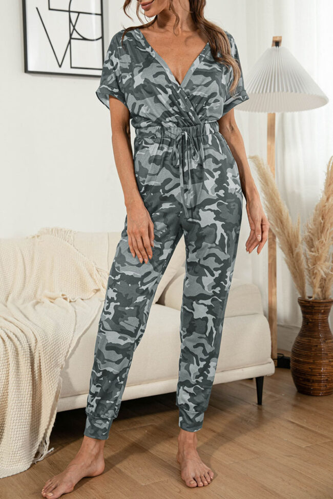 Fashion Casual Camouflage Print Split Joint V Neck Jumpsuits