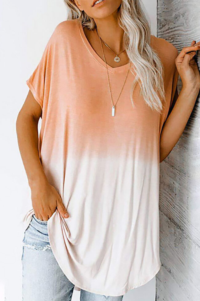 Fashion Casual Gradual Change Split Joint V Neck T-Shirts