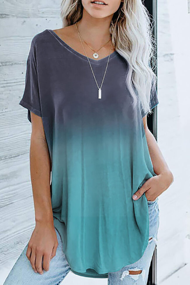 Fashion Casual Gradual Change Split Joint V Neck T-Shirts