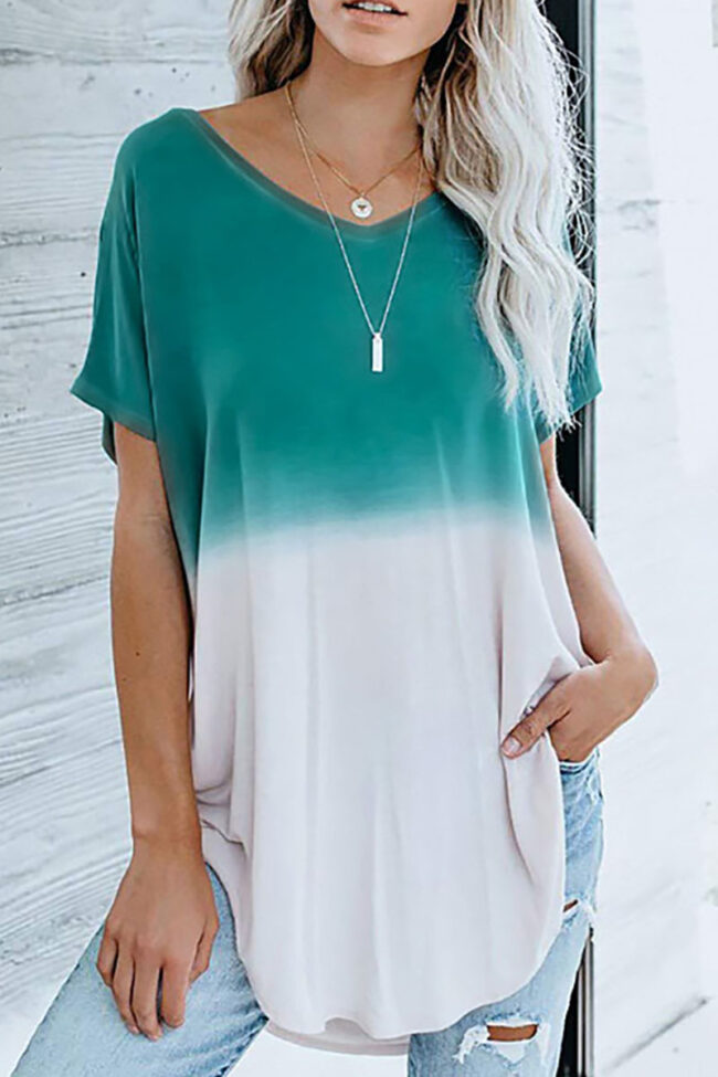 Fashion Casual Gradual Change Split Joint V Neck T-Shirts