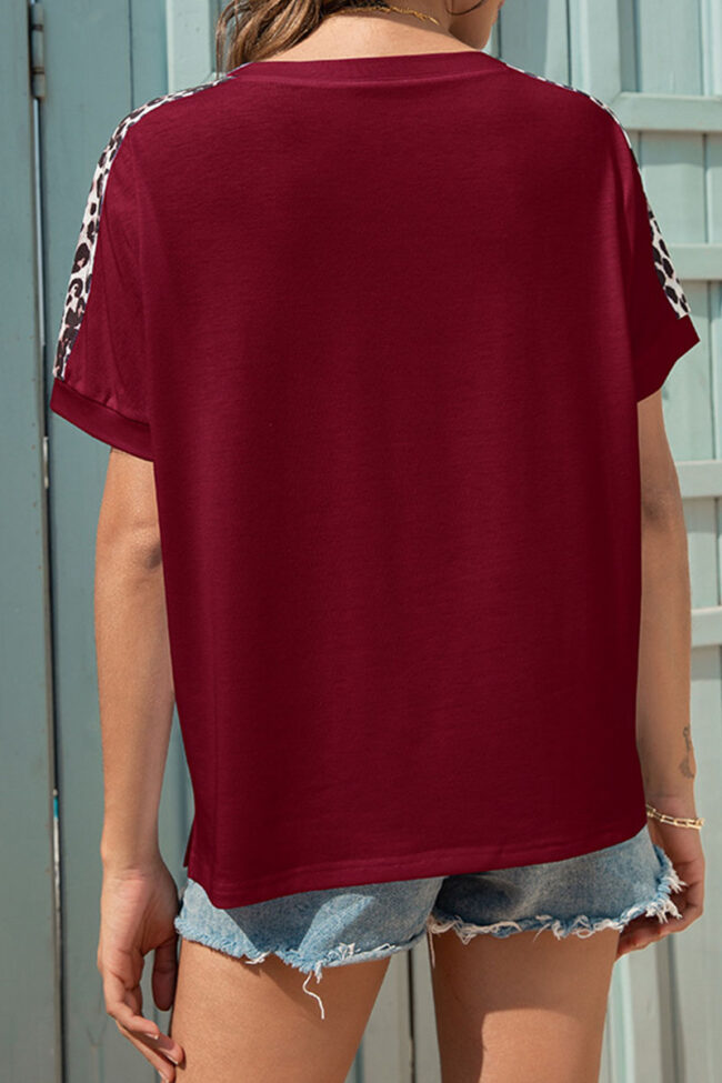 Fashion Casual Leopard Split Joint O Neck T-Shirts