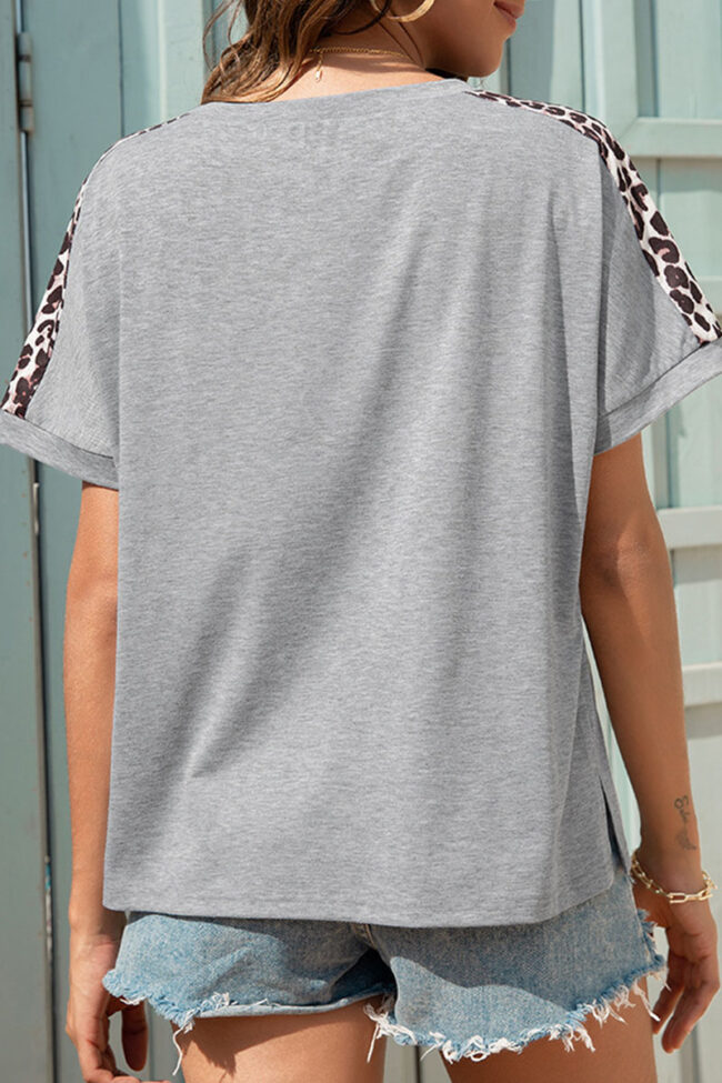 Fashion Casual Leopard Split Joint O Neck T-Shirts