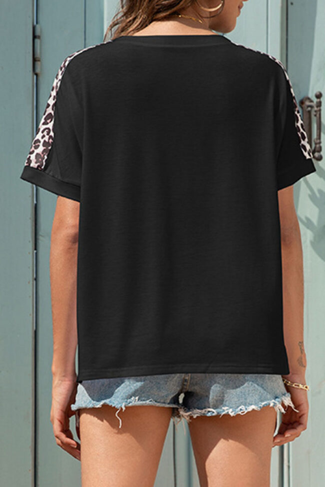 Fashion Casual Leopard Split Joint O Neck T-Shirts