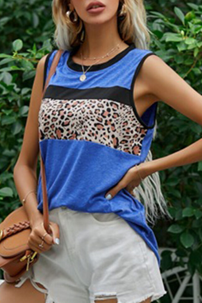 Fashion Casual Leopard Split Joint O Neck Tops