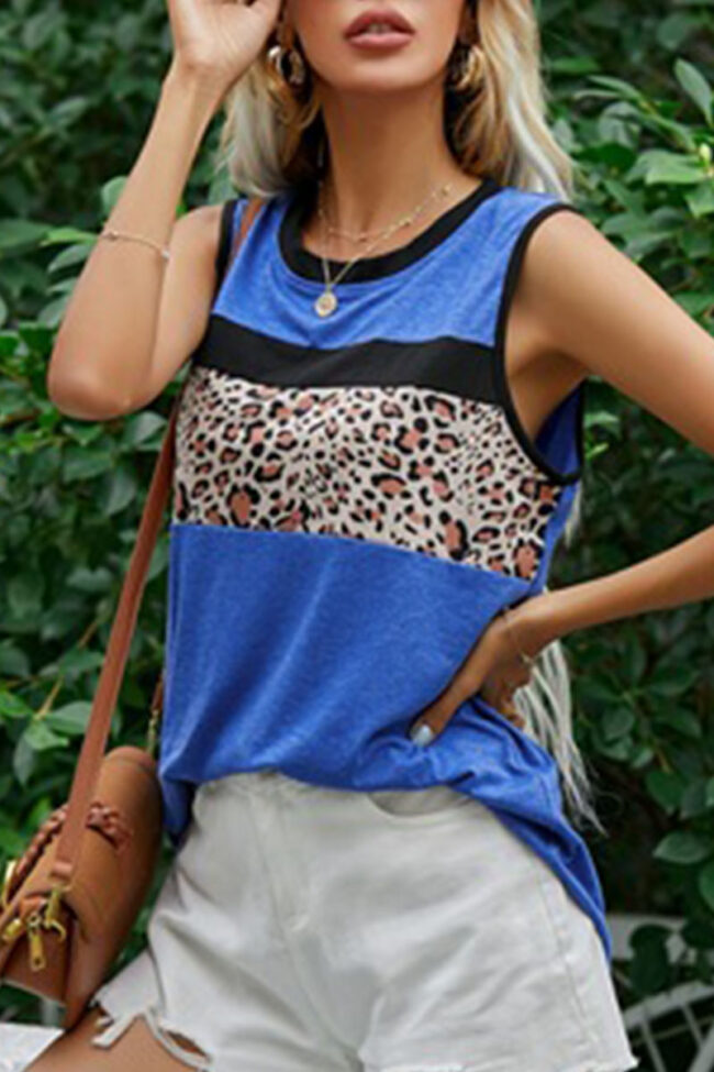 Fashion Casual Leopard Split Joint O Neck Tops