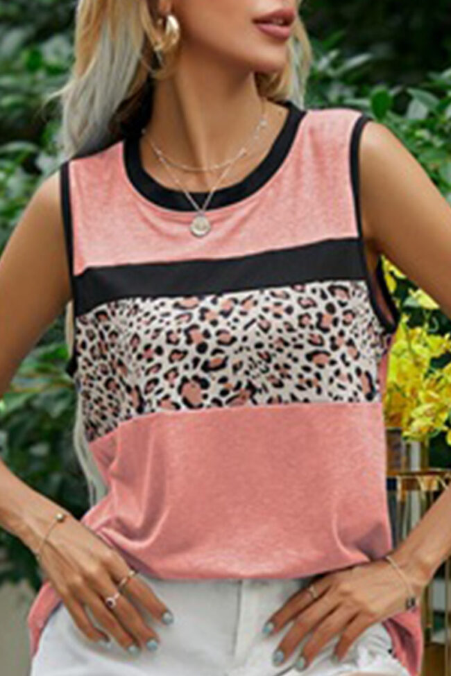 Fashion Casual Leopard Split Joint O Neck Tops