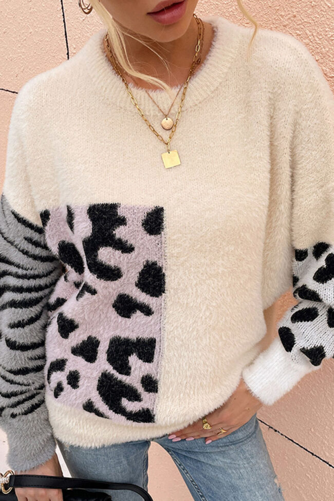 Fashion Casual Leopard Split Joint O Neck Tops