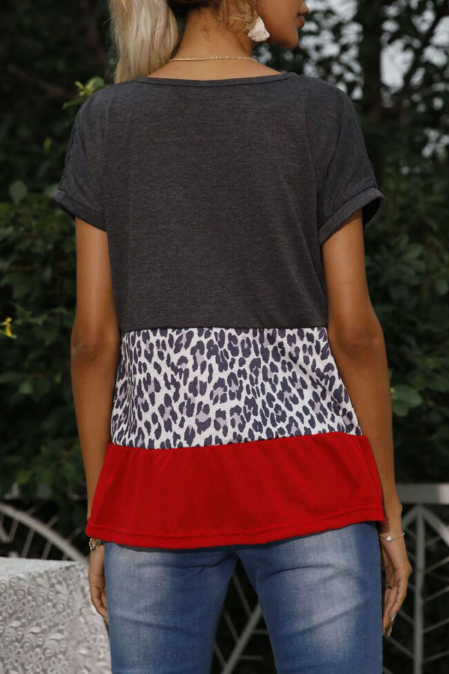 Fashion Casual Leopard Split Joint V Neck T-Shirts
