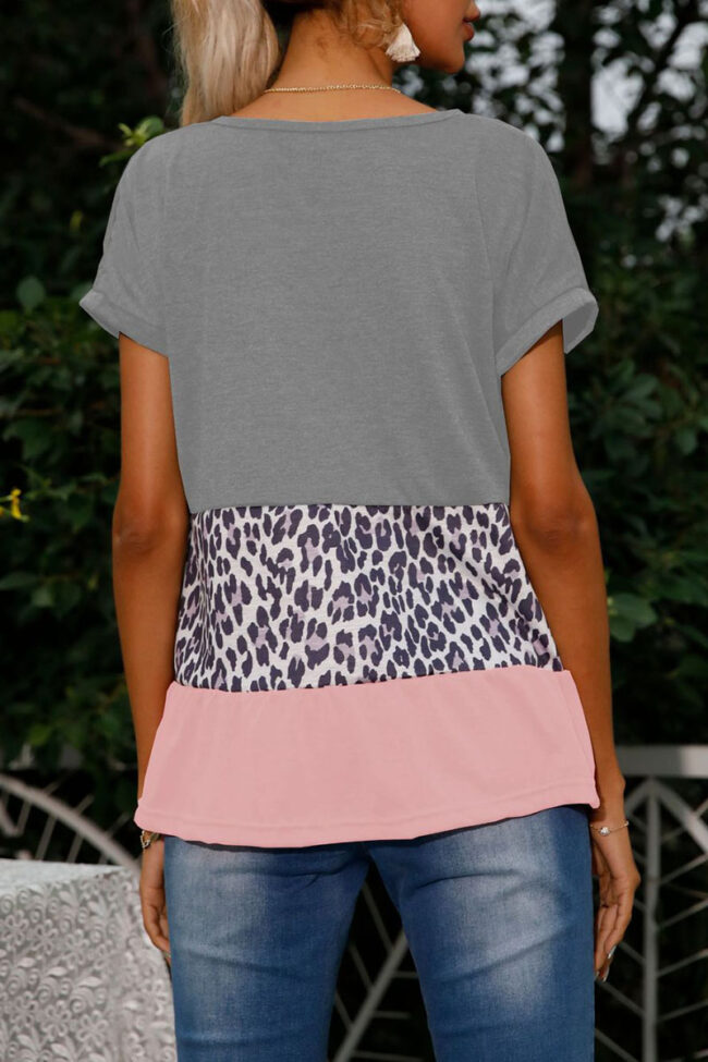 Fashion Casual Leopard Split Joint V Neck T-Shirts