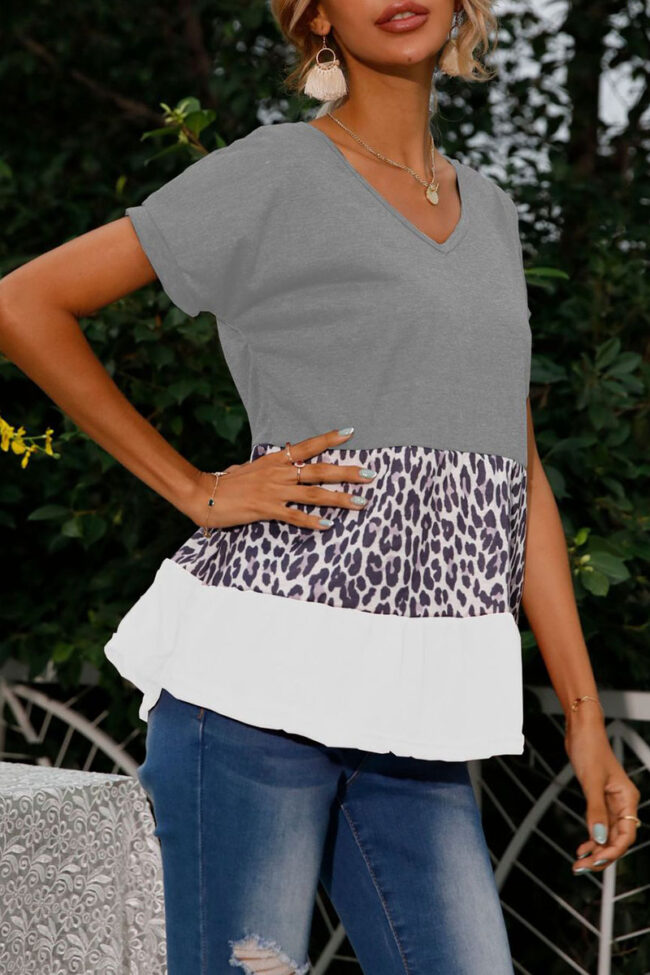 Fashion Casual Leopard Split Joint V Neck T-Shirts