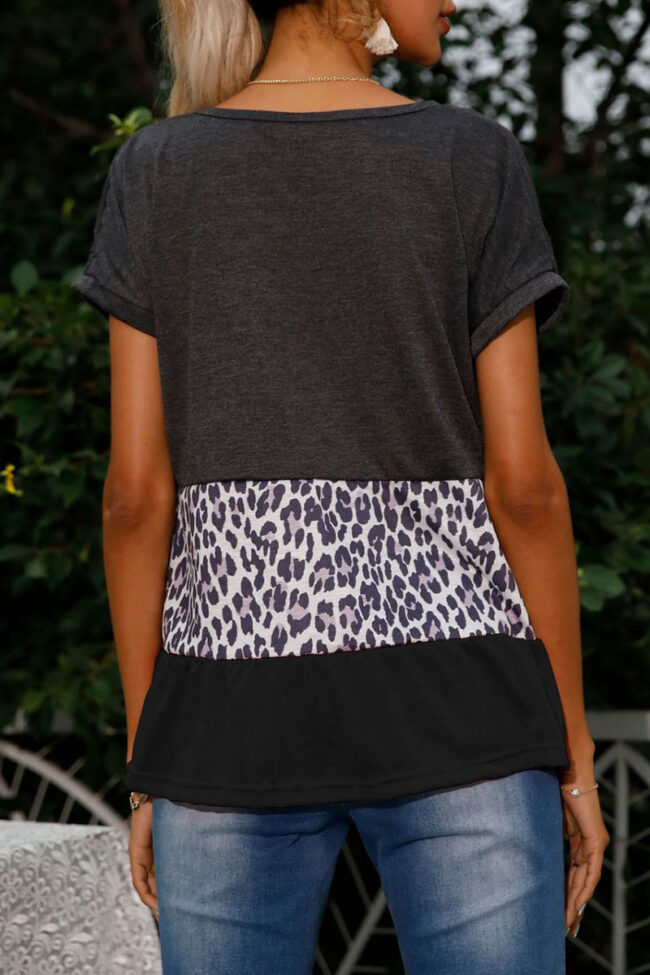 Fashion Casual Leopard Split Joint V Neck T-Shirts