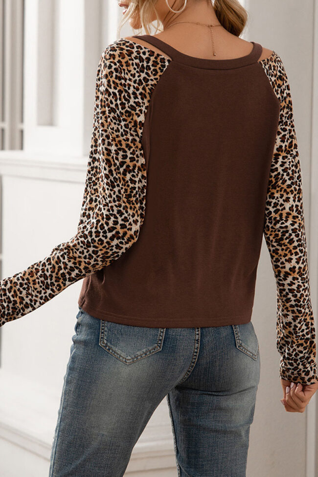 Fashion Casual Leopard Split Joint V Neck T-Shirts