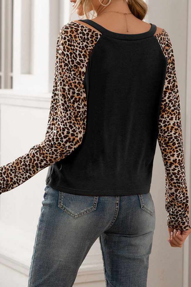 Fashion Casual Leopard Split Joint V Neck T-Shirts