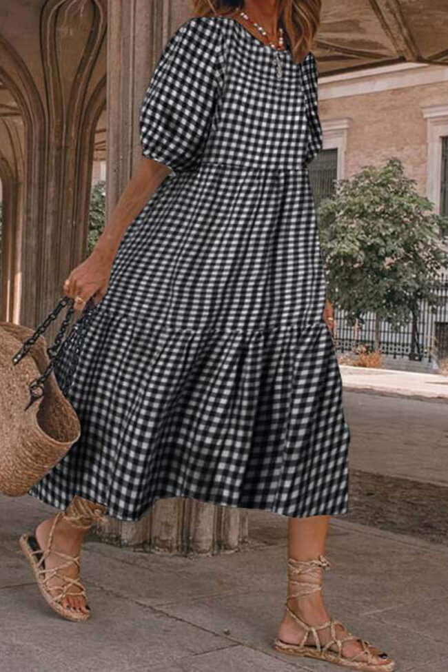 Fashion Casual Plaid Split Joint O Neck Princess Dresses