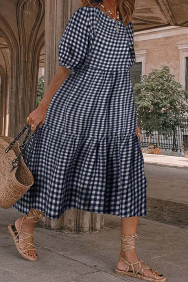 Fashion Casual Plaid Split Joint O Neck Princess Dresses