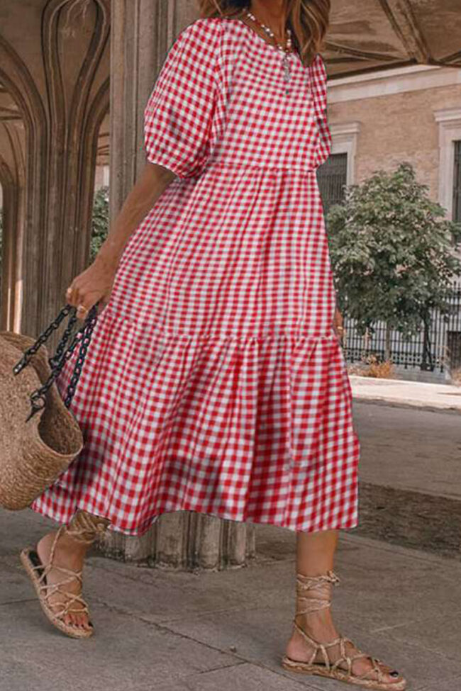 Fashion Casual Plaid Split Joint O Neck Princess Dresses