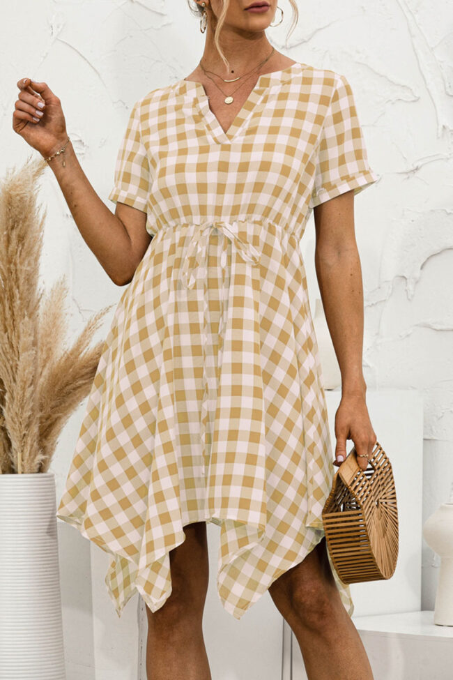 Fashion Casual Plaid Split Joint V Neck Irregular Dresses