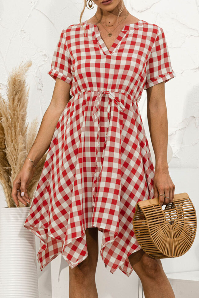 Fashion Casual Plaid Split Joint V Neck Irregular Dresses