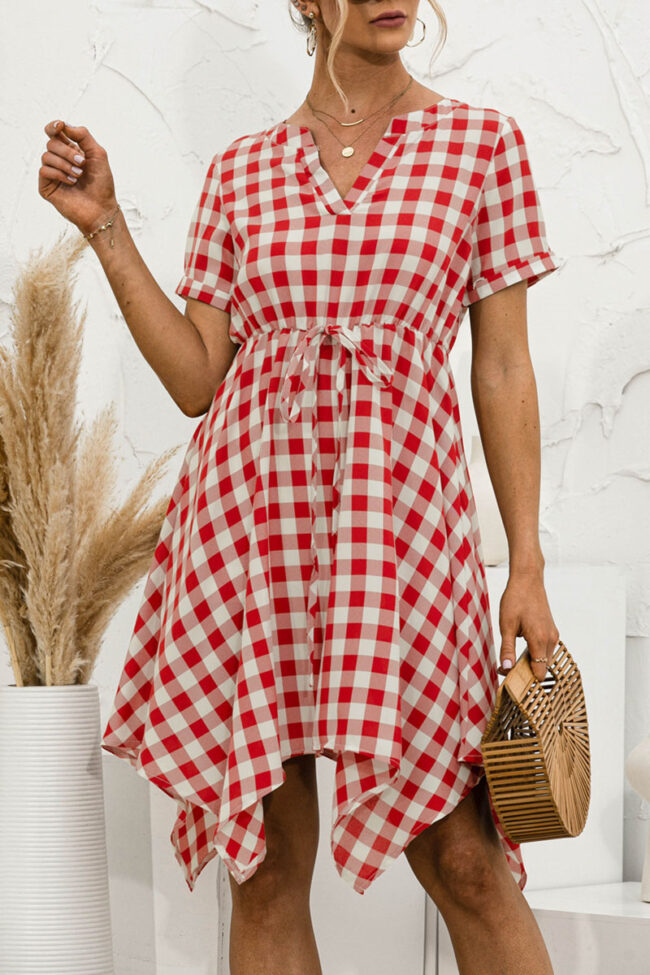 Fashion Casual Plaid Split Joint V Neck Irregular Dresses