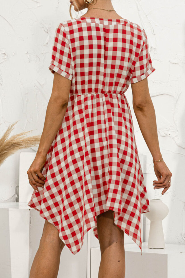 Fashion Casual Plaid Split Joint V Neck Irregular Dresses