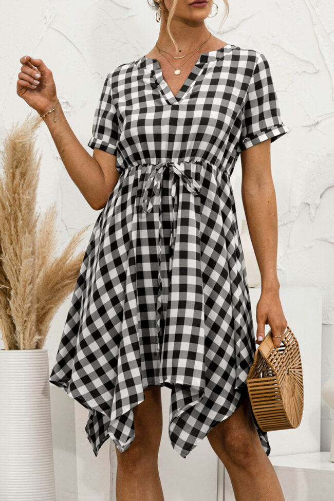 Fashion Casual Plaid Split Joint V Neck Irregular Dresses