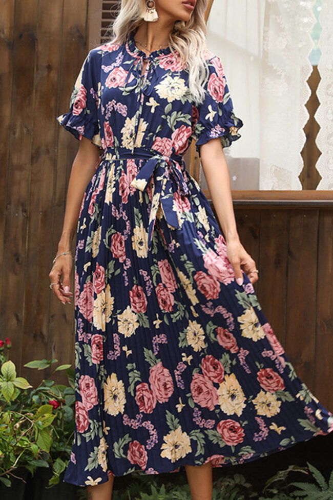 Fashion Casual Print Split Joint O Neck A Line Dresses