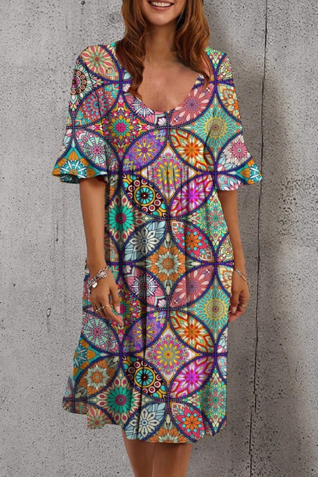 Fashion Casual Print Split Joint O Neck A Line Dresses