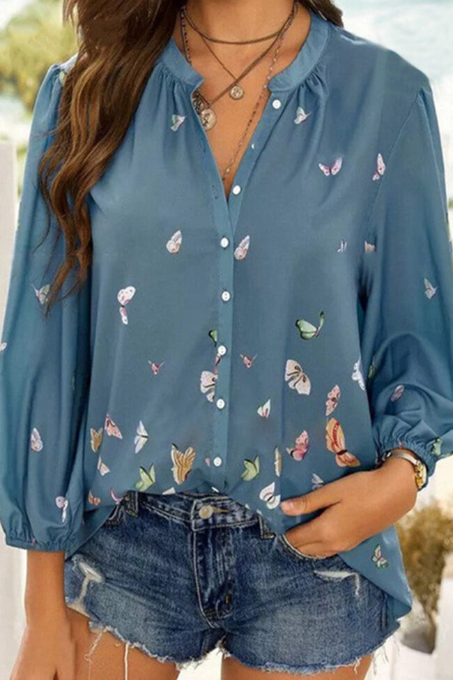 Fashion Casual Print Split Joint O Neck Tops