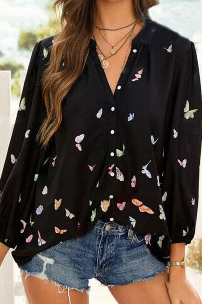 Fashion Casual Print Split Joint O Neck Tops