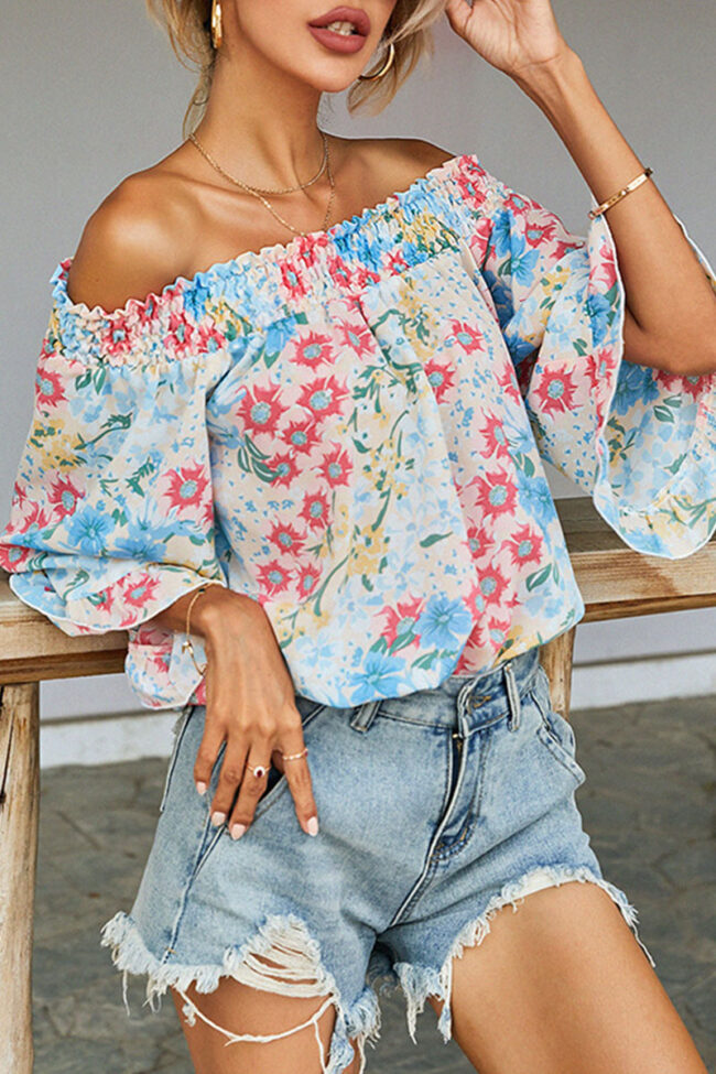 Fashion Casual Print Split Joint Off the Shoulder Tops