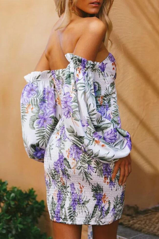 Casual Print Split Joint Off the Shoulder Wrapped Skirt Dresses