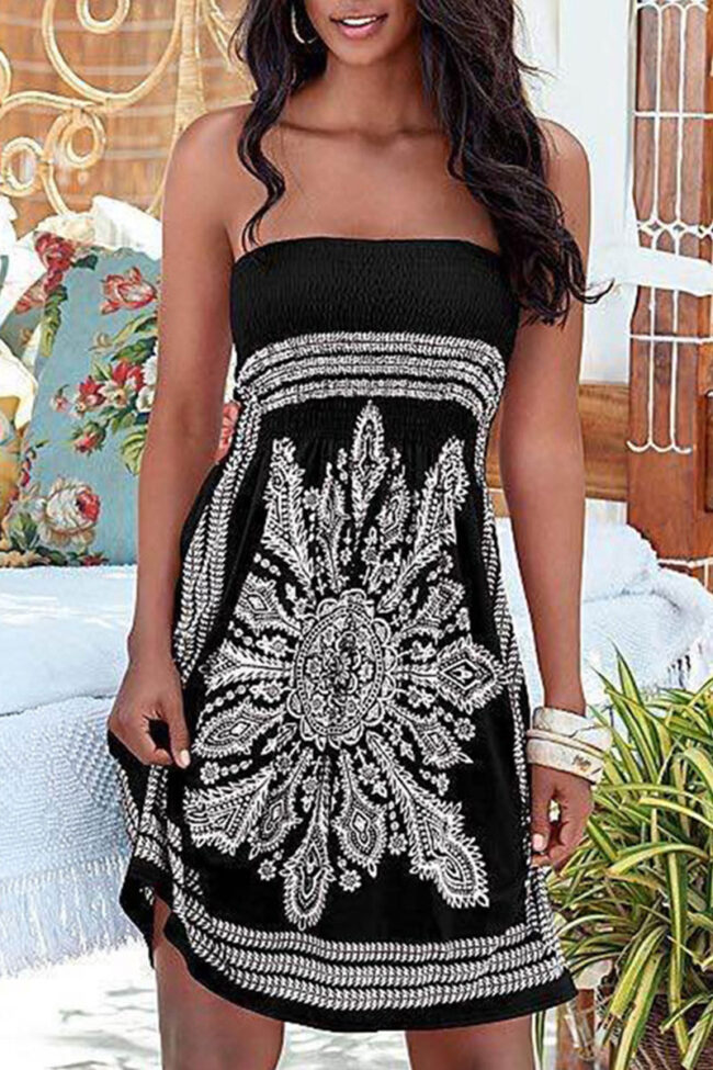 Fashion Casual Print Split Joint Strapless A Line Dresses