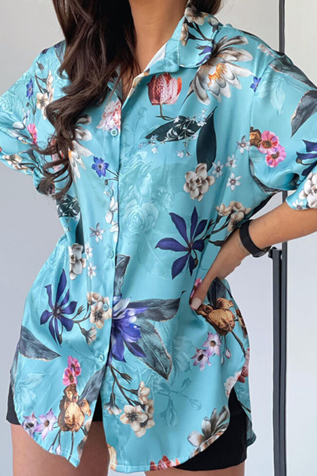 Fashion Casual Print Split Joint Turndown Collar Tops