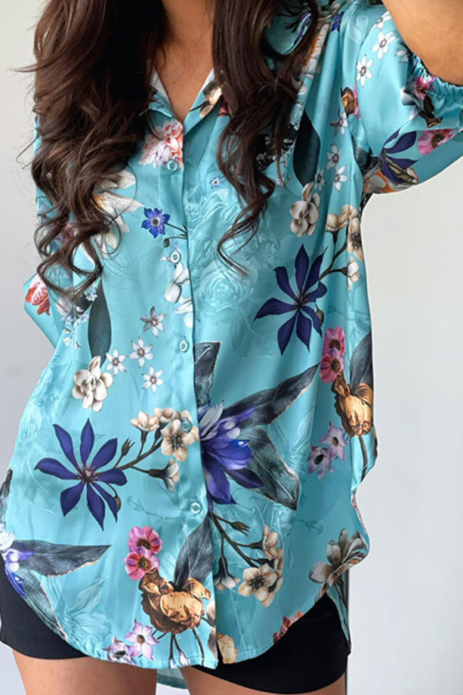 Fashion Casual Print Split Joint Turndown Collar Tops