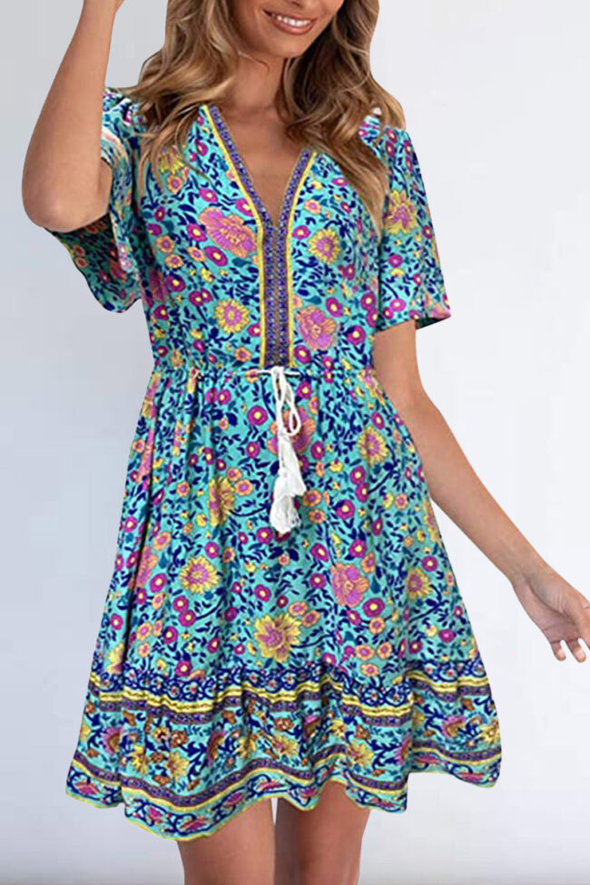 Fashion Casual Print Split Joint V Neck A Line Dresses