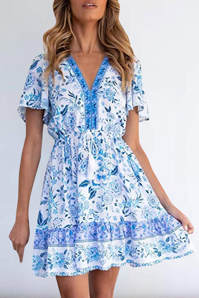 Fashion Casual Print Split Joint V Neck A Line Dresses