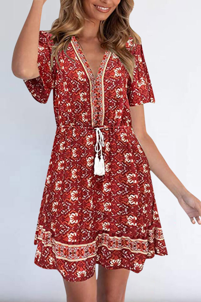 Fashion Casual Print Split Joint V Neck A Line Dresses