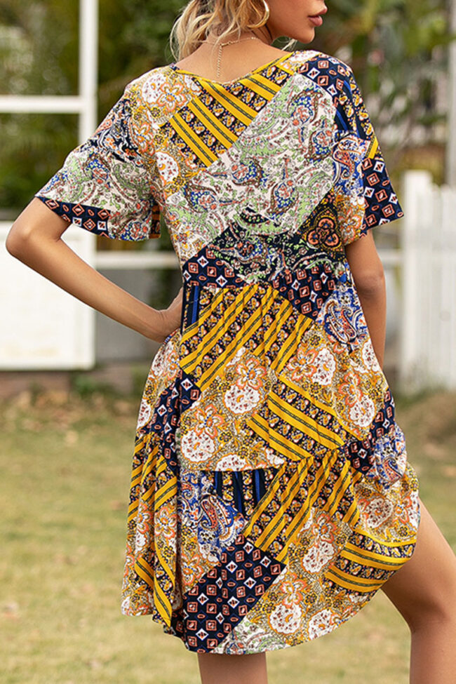 Fashion Casual Print Split Joint V Neck A Line Dresses