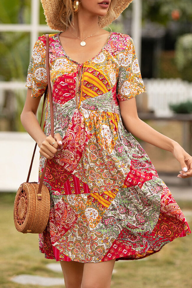 Fashion Casual Print Split Joint V Neck A Line Dresses