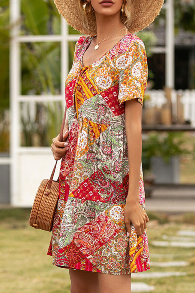 Fashion Casual Print Split Joint V Neck A Line Dresses