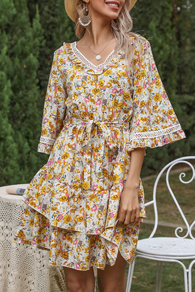 Fashion Casual Print Split Joint V Neck A Line Dresses