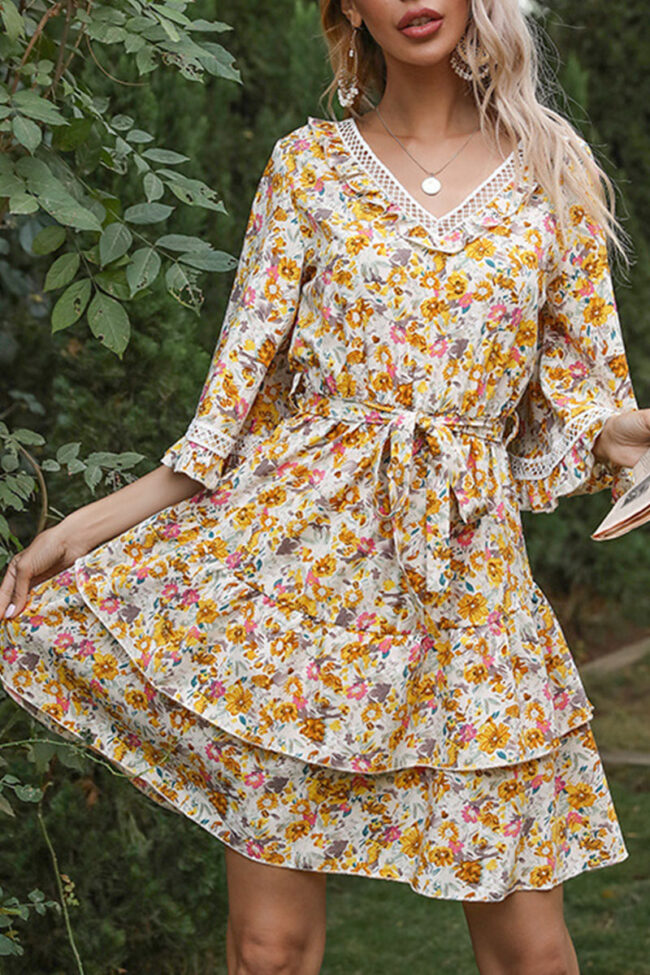 Fashion Casual Print Split Joint V Neck A Line Dresses