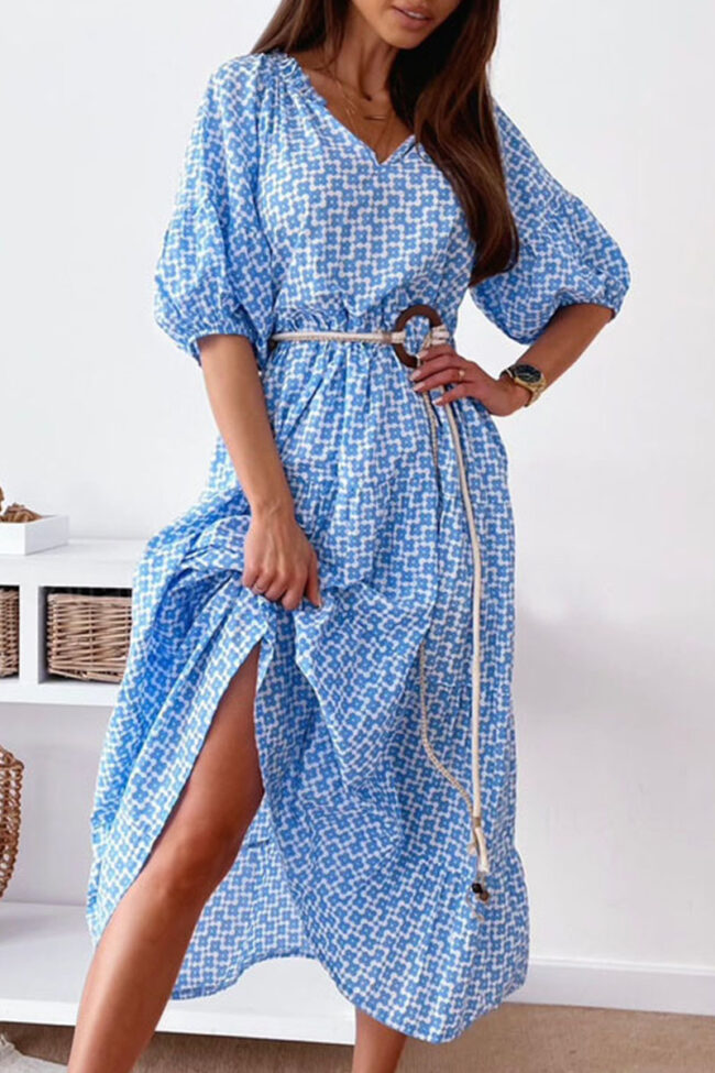 Fashion Casual Print Split Joint V Neck A Line Dresses