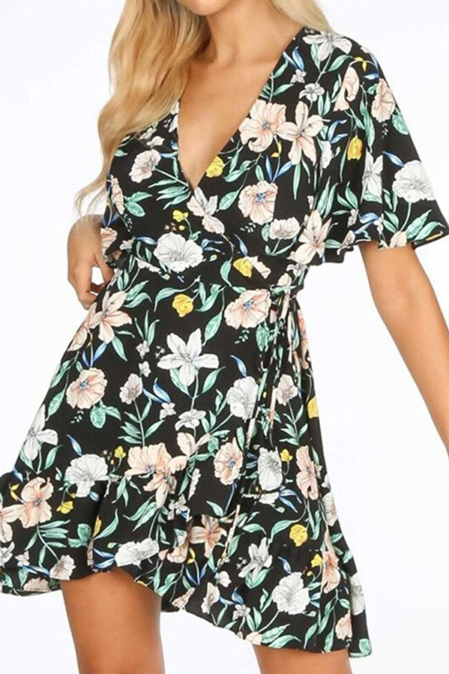 Fashion Casual Print Split Joint V Neck A Line Dresses