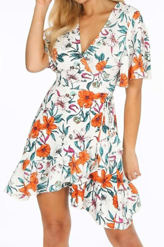 Fashion Casual Print Split Joint V Neck A Line Dresses