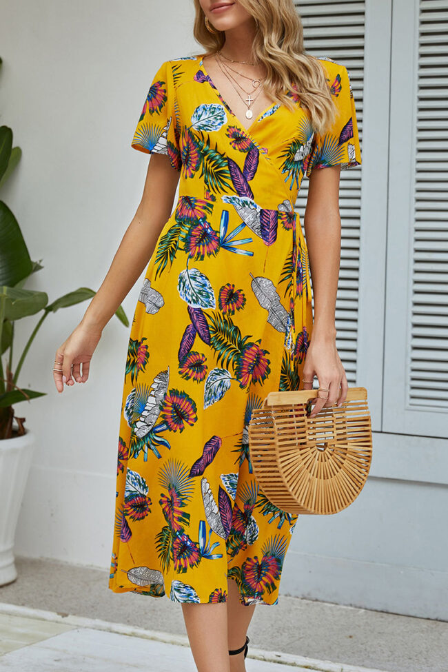 Fashion Casual Print Split Joint V Neck A Line Dresses